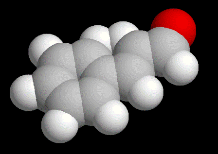 Space filling model of cinnamaldehyde, click for 3D VRML structure